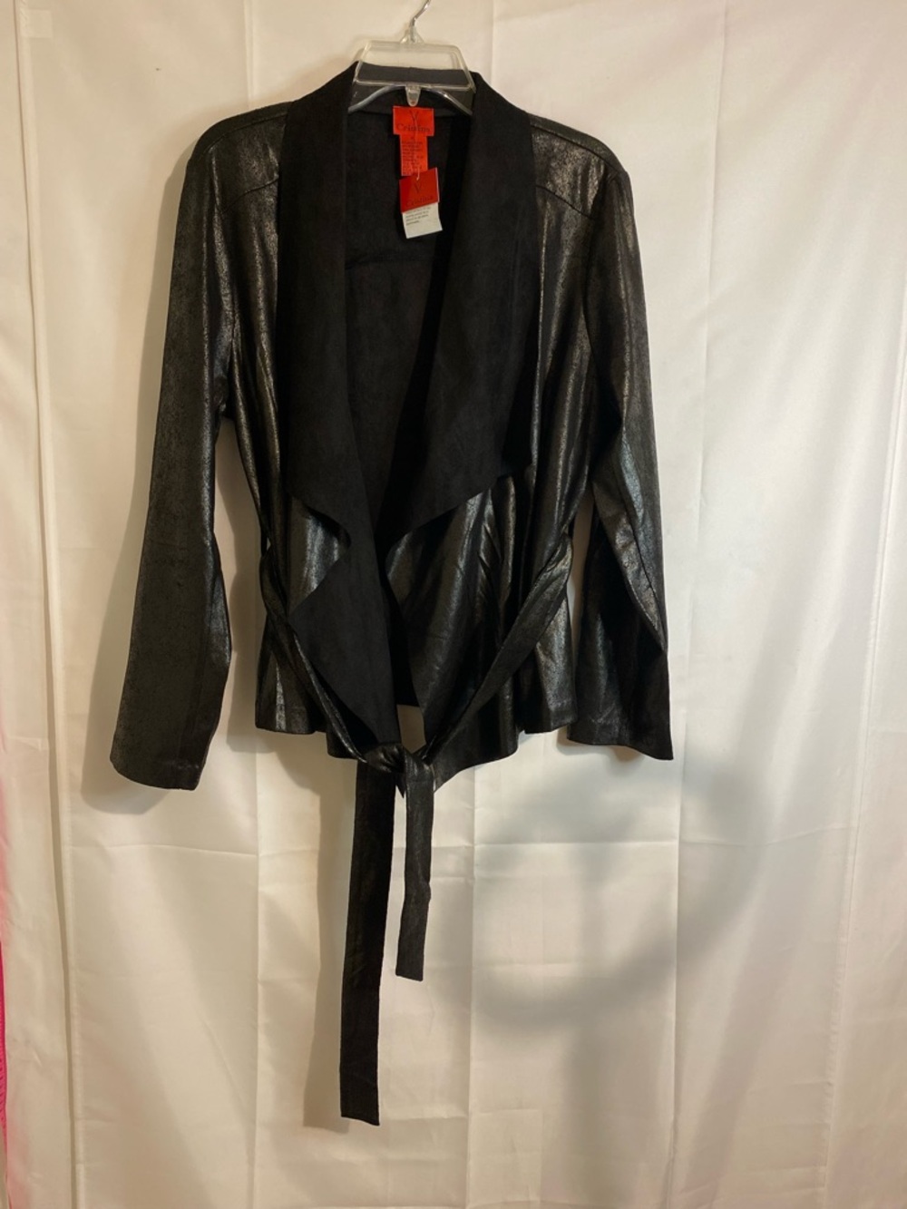 V Cristina Black Faux Leather Draped Tie-Waist Blazer